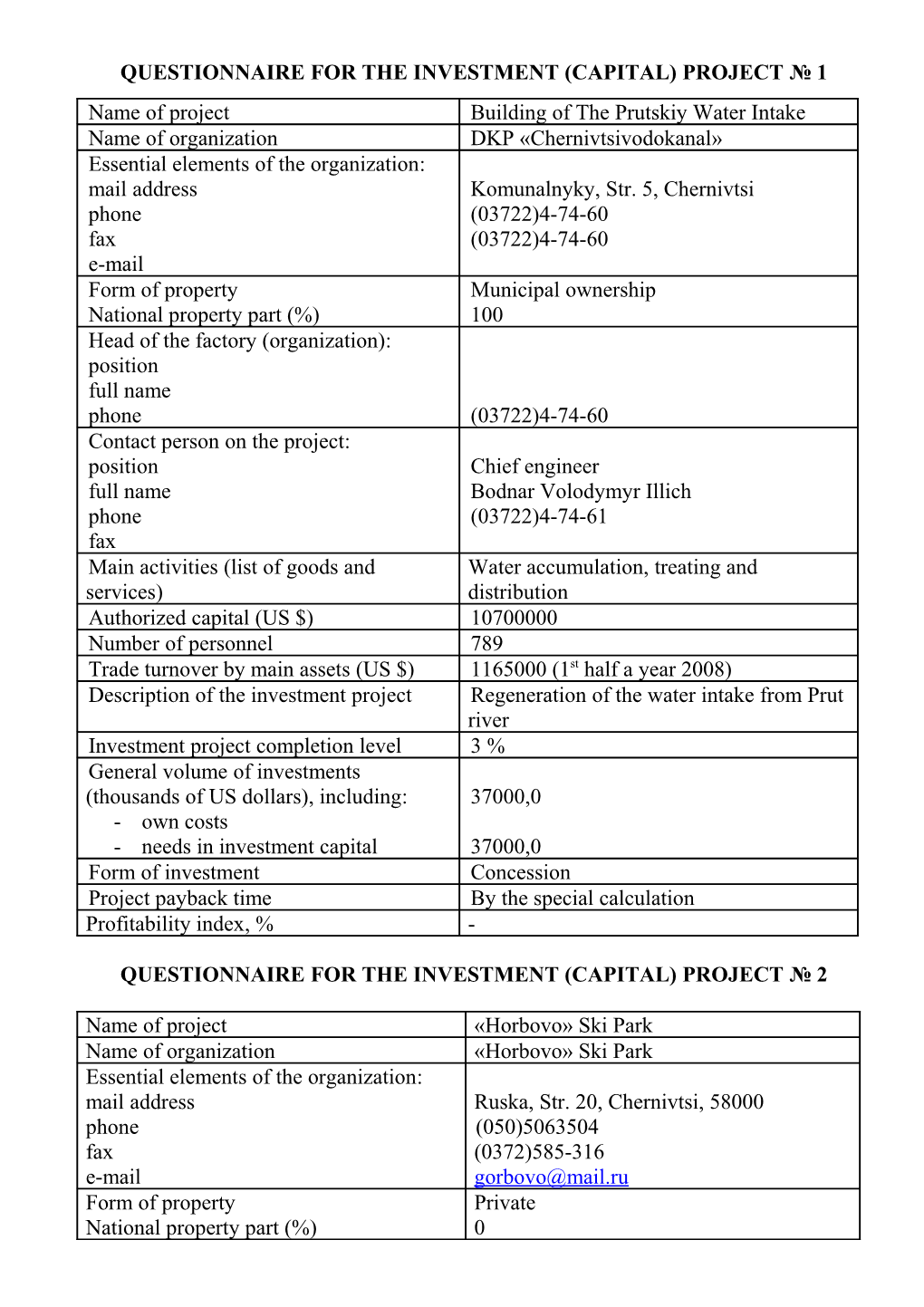 Questionnaire for the Investment (Capital) Project 1