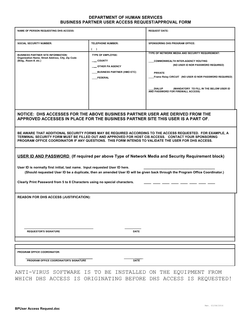 Business Partner User Access Request - Approval Form