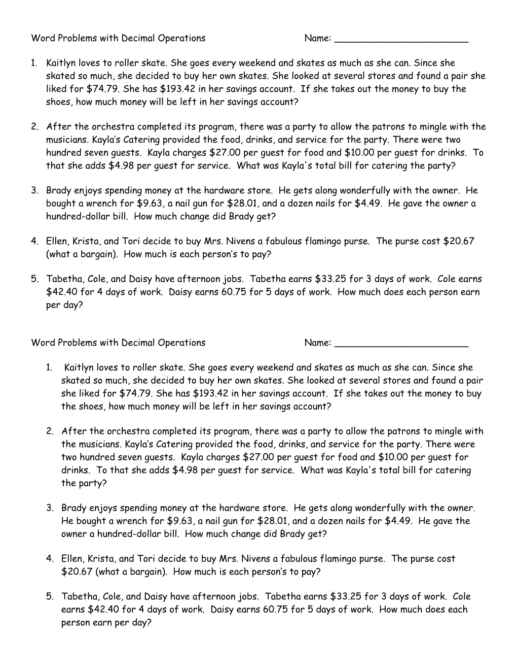 Word Problems with Decimal Operations