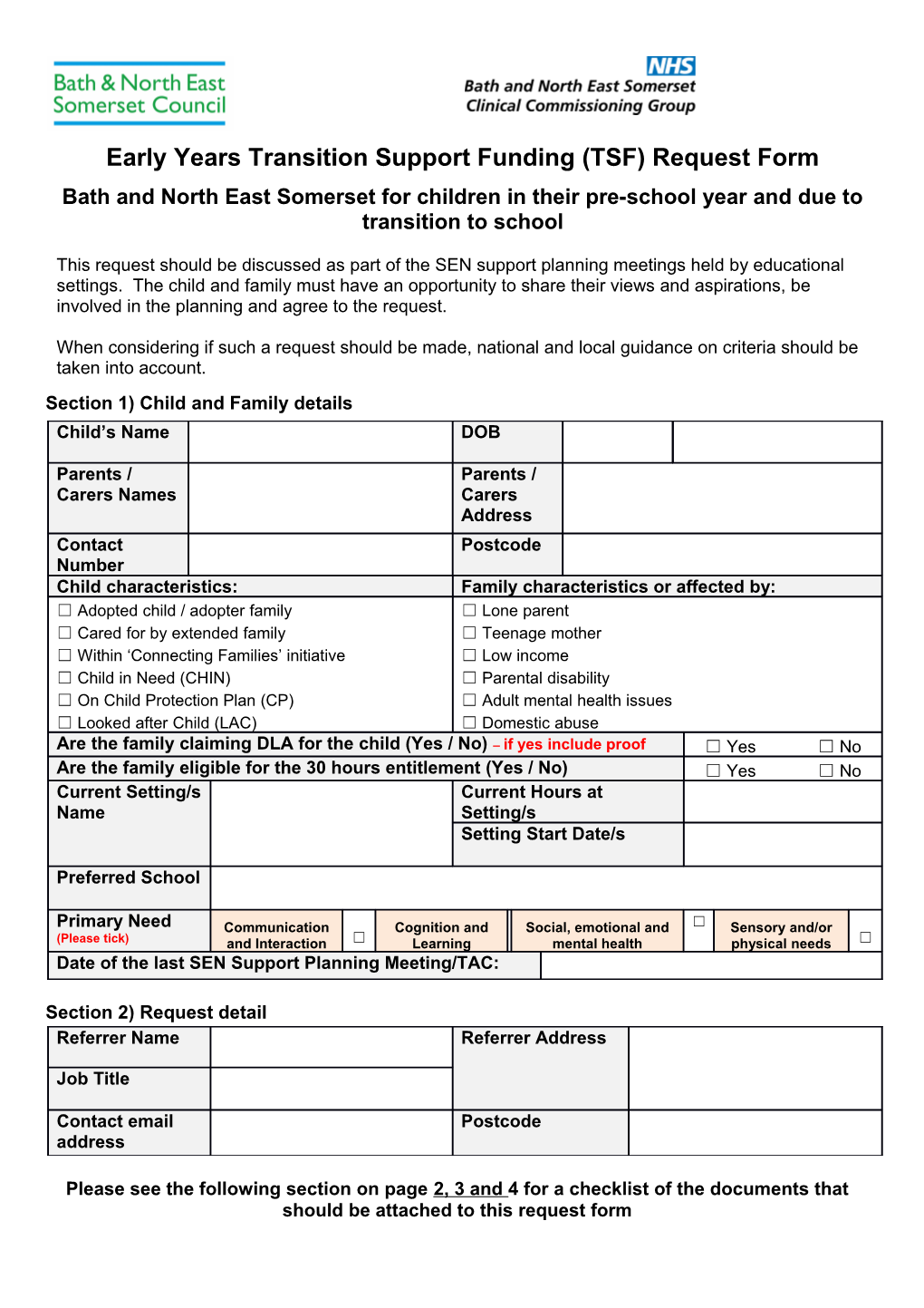 Early Years Transition Support Funding (TSF) Request Form