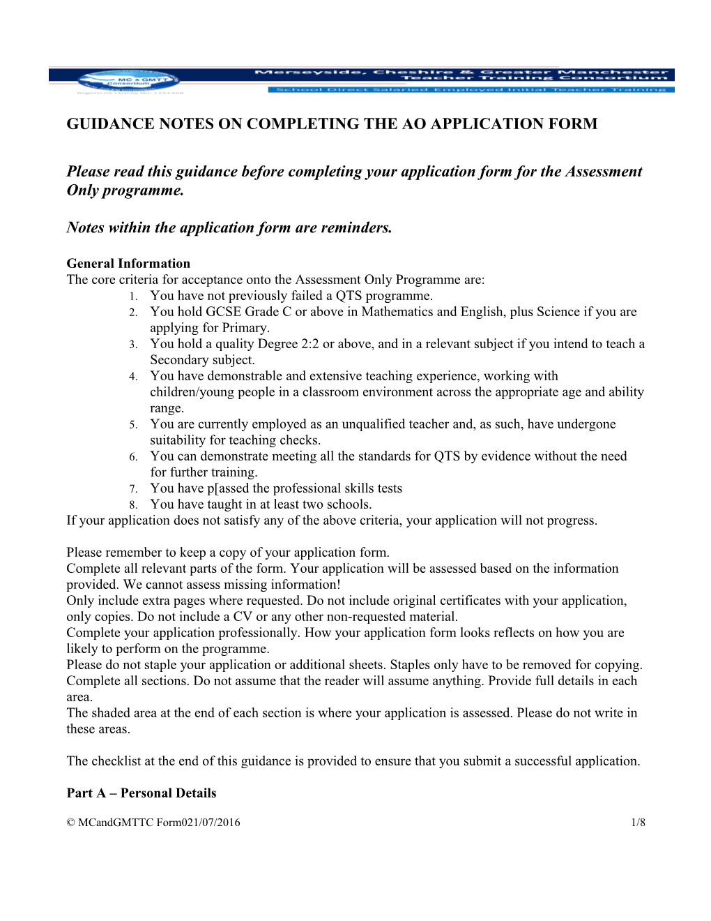 Guidance Notes on Completing the Ao Application Form