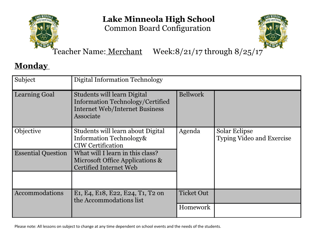 Teacher Name: Merchantweek:8/21/17 Through 8/25/17