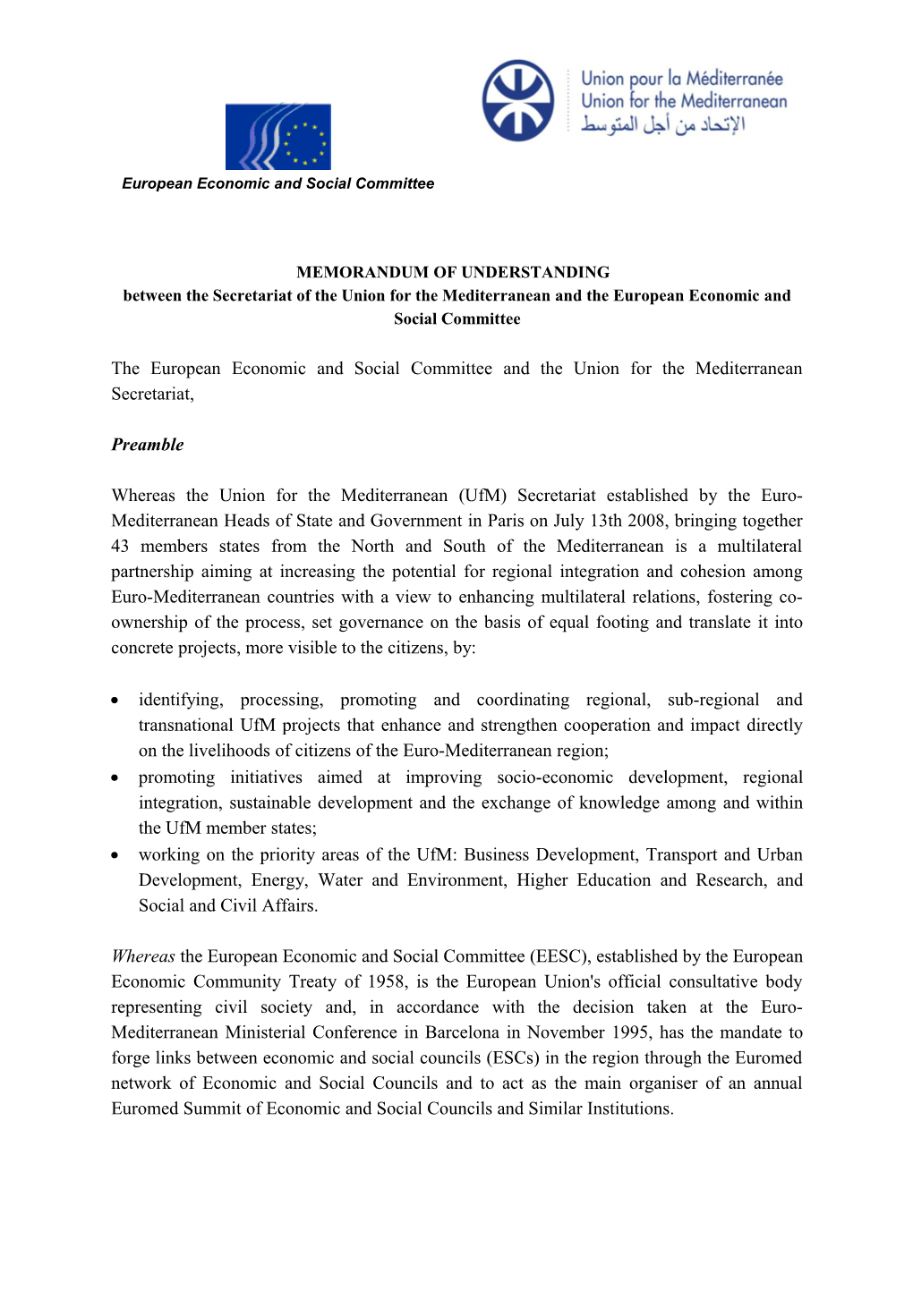 Memorandum of Understanding EESC-UFM