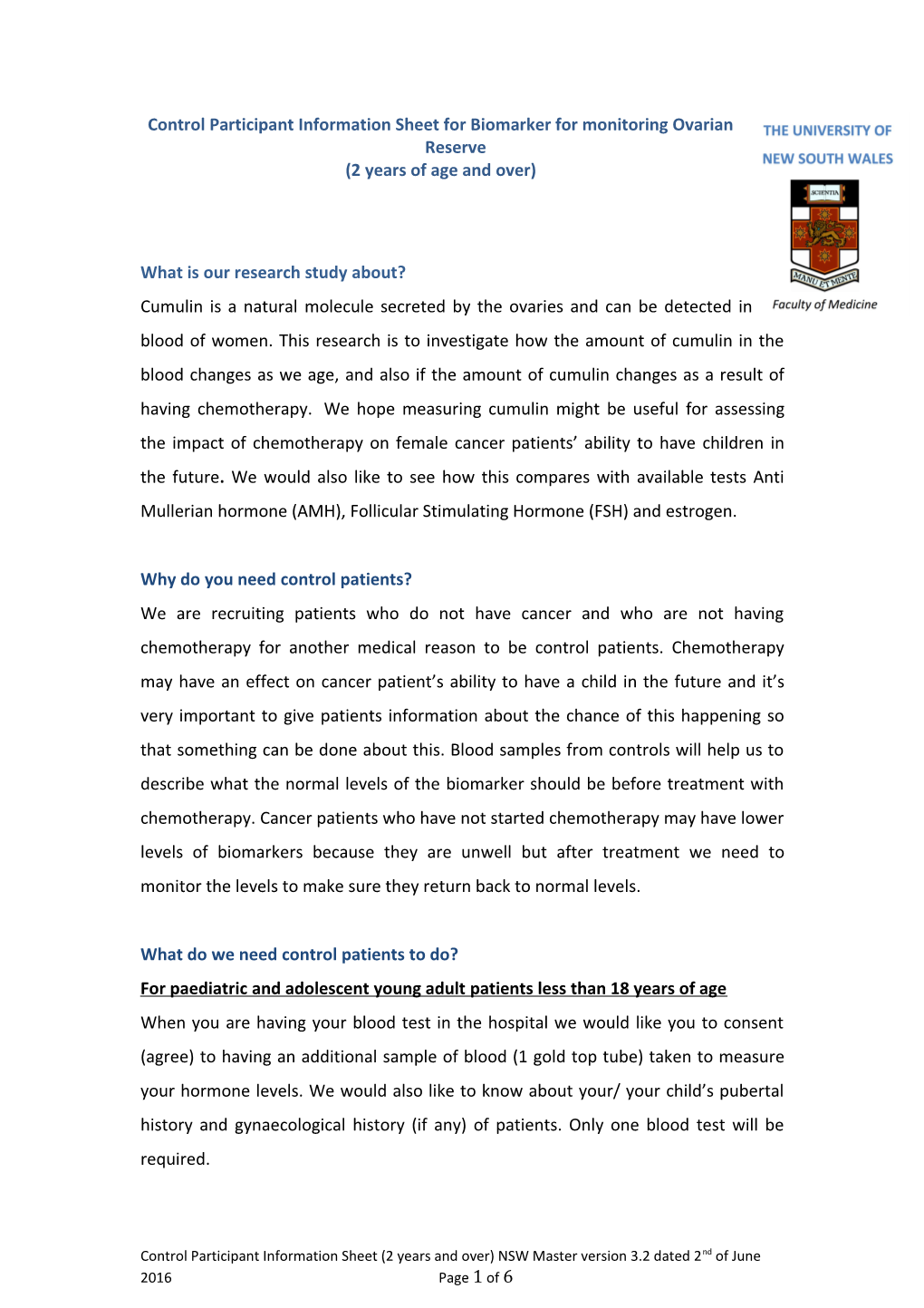 Control Participant Information Sheet for Biomarker for Monitoring Ovarian Reserve