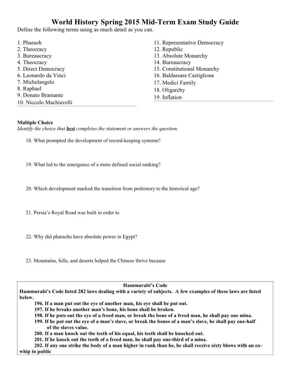 World History Spring 2015 Mid-Term Exam Study Guide