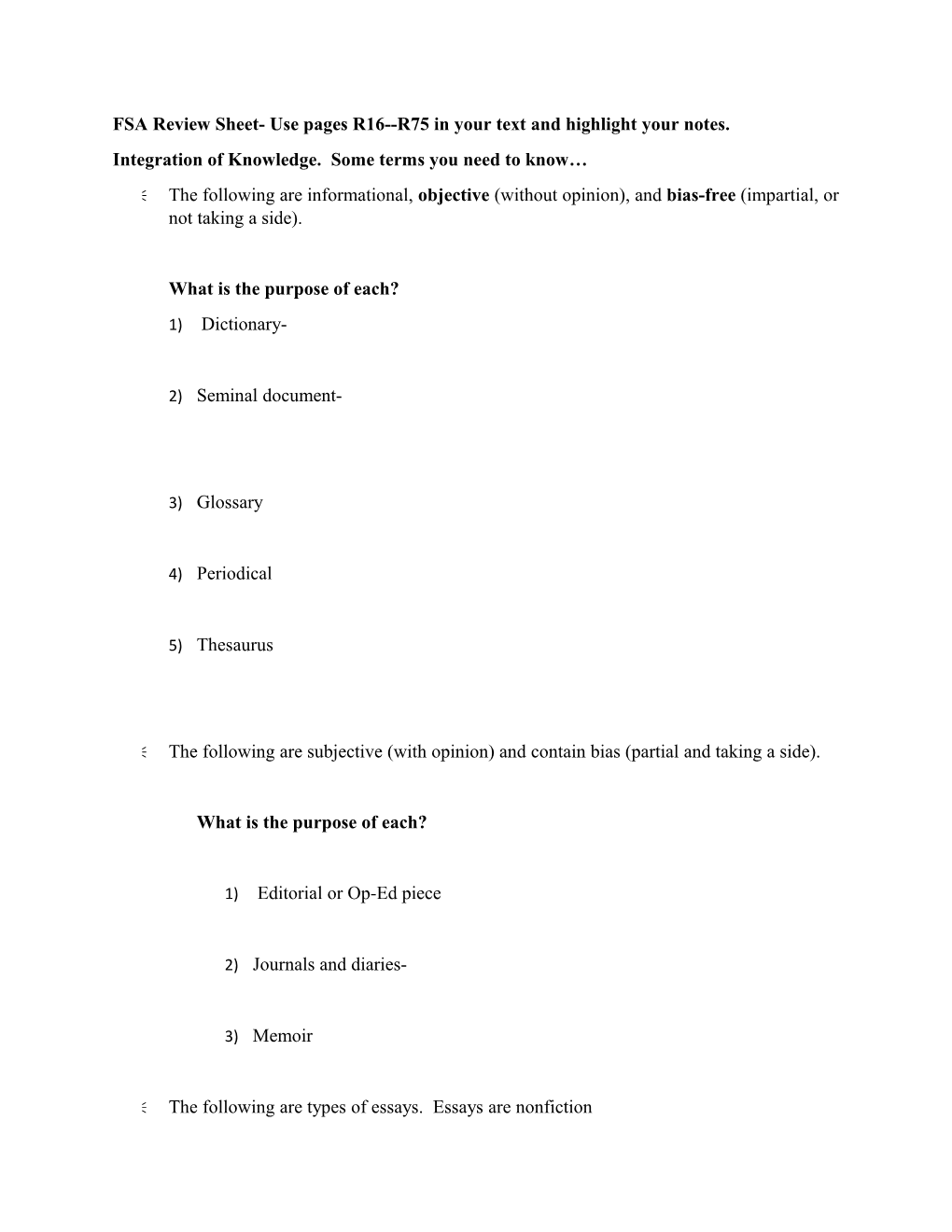 FSA Review Sheet- Use Pages R16 R75 in Your Text and Highlight Your Notes