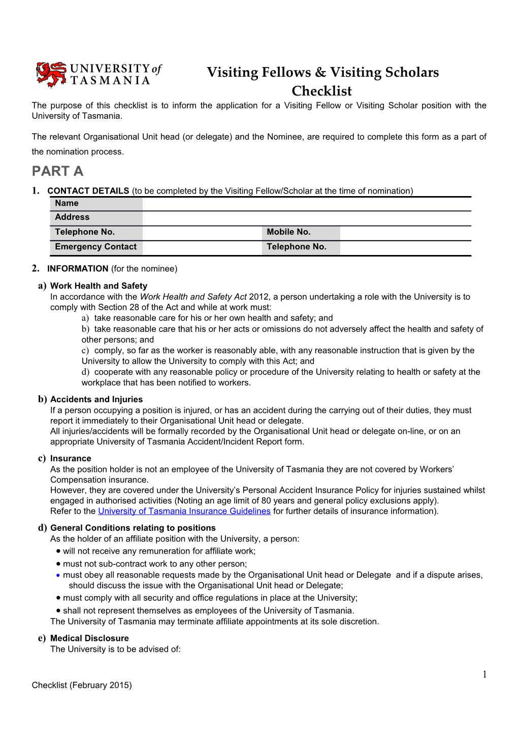 Volunteer Indemnity/Induction Checklist for Project Work