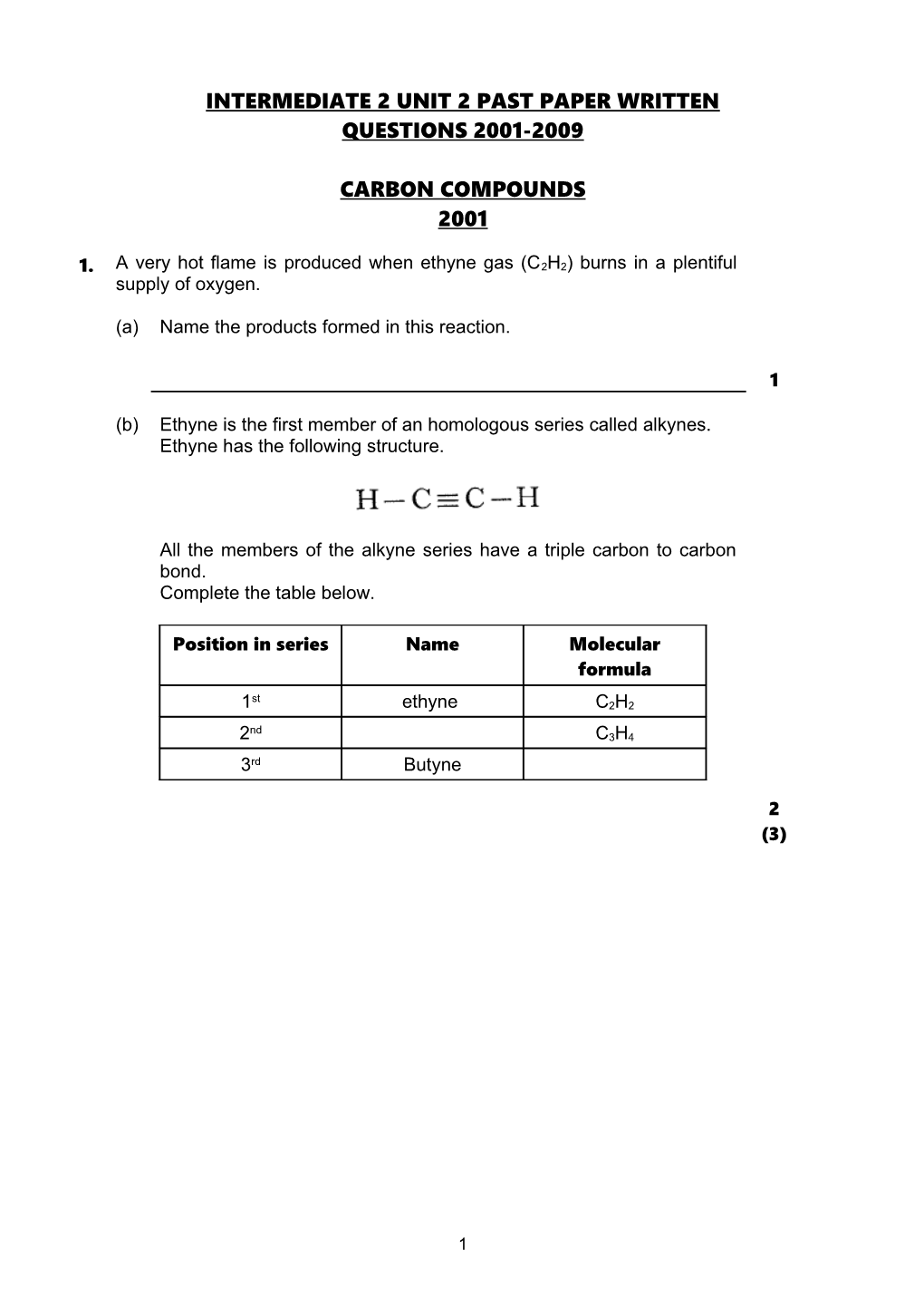 Intermediate 2 Past Paper Problem Solving Questions 2001-2008