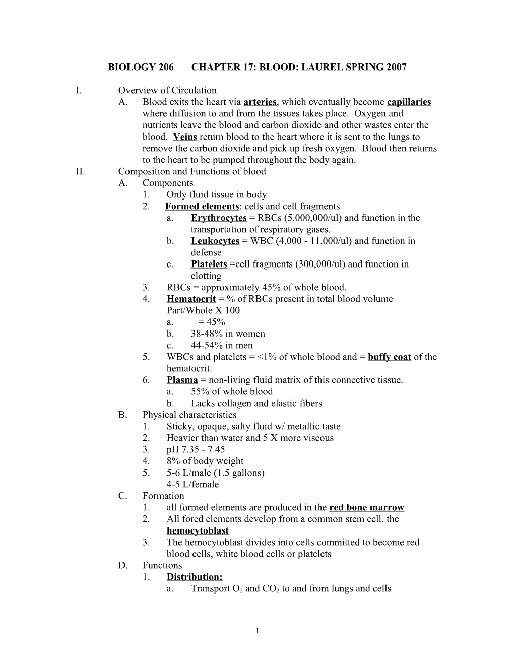 Biology 206 Chapter 18: Blood