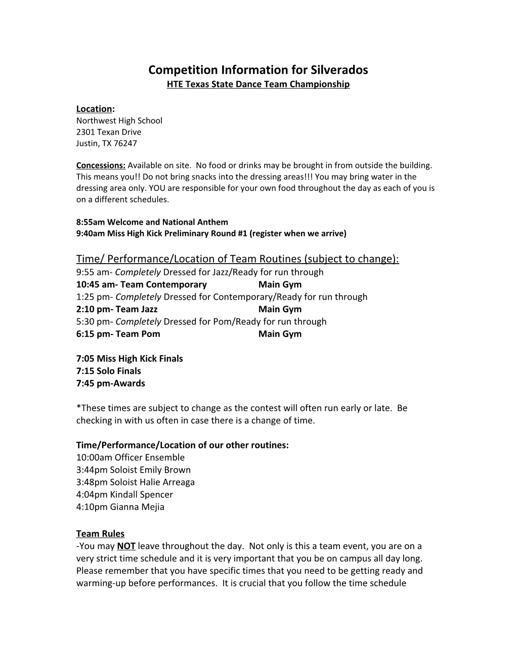 Competition Information for Silverados
