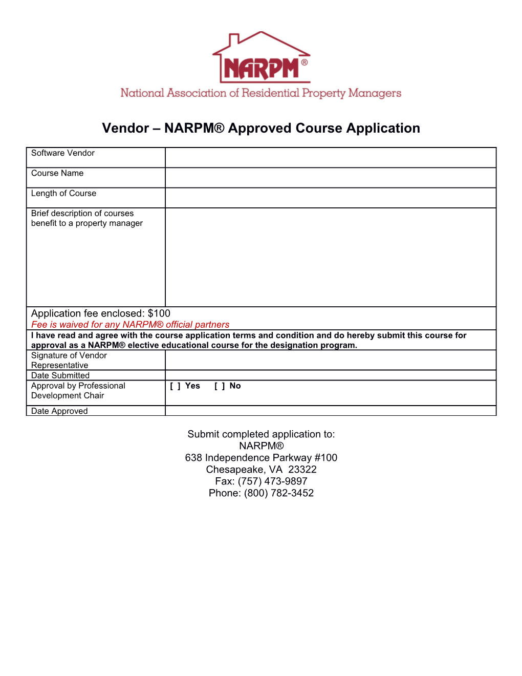 Vendor NARPM Approved Course Application