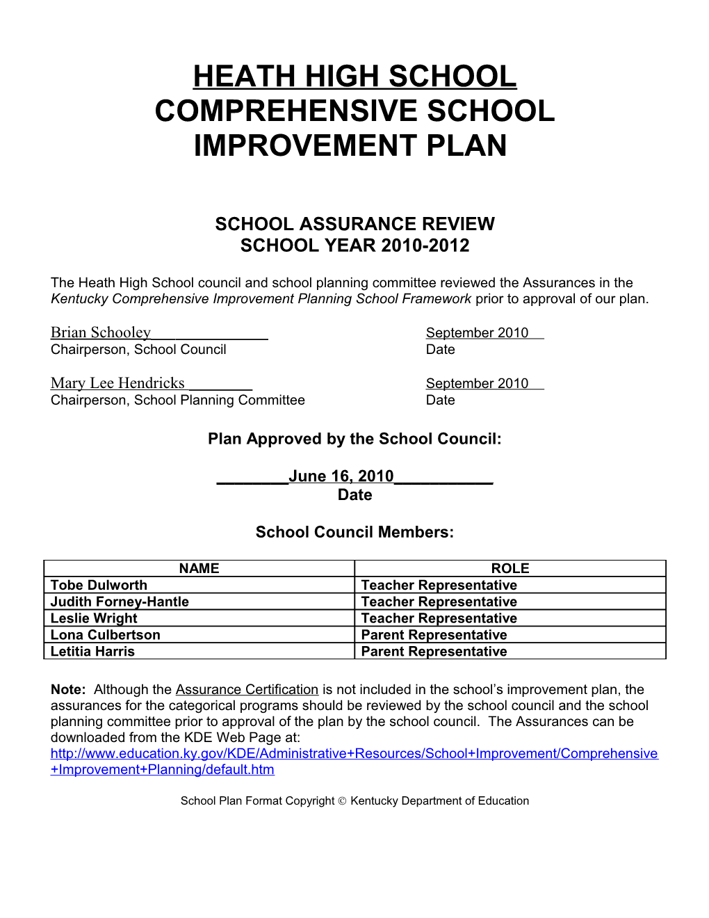 Comprehensiveschool Improvement Plan 2010-2012