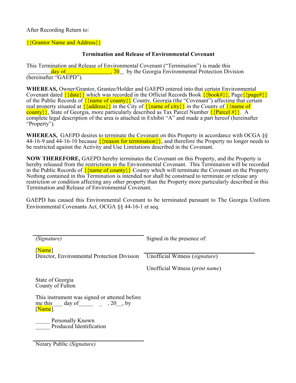 Termination and Release of Environmental Covenant