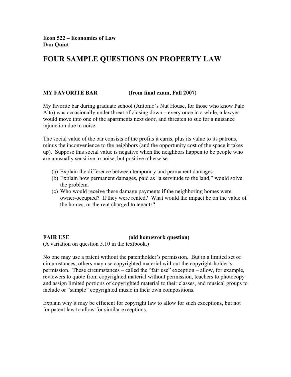 Four Sample Questions on Property Law