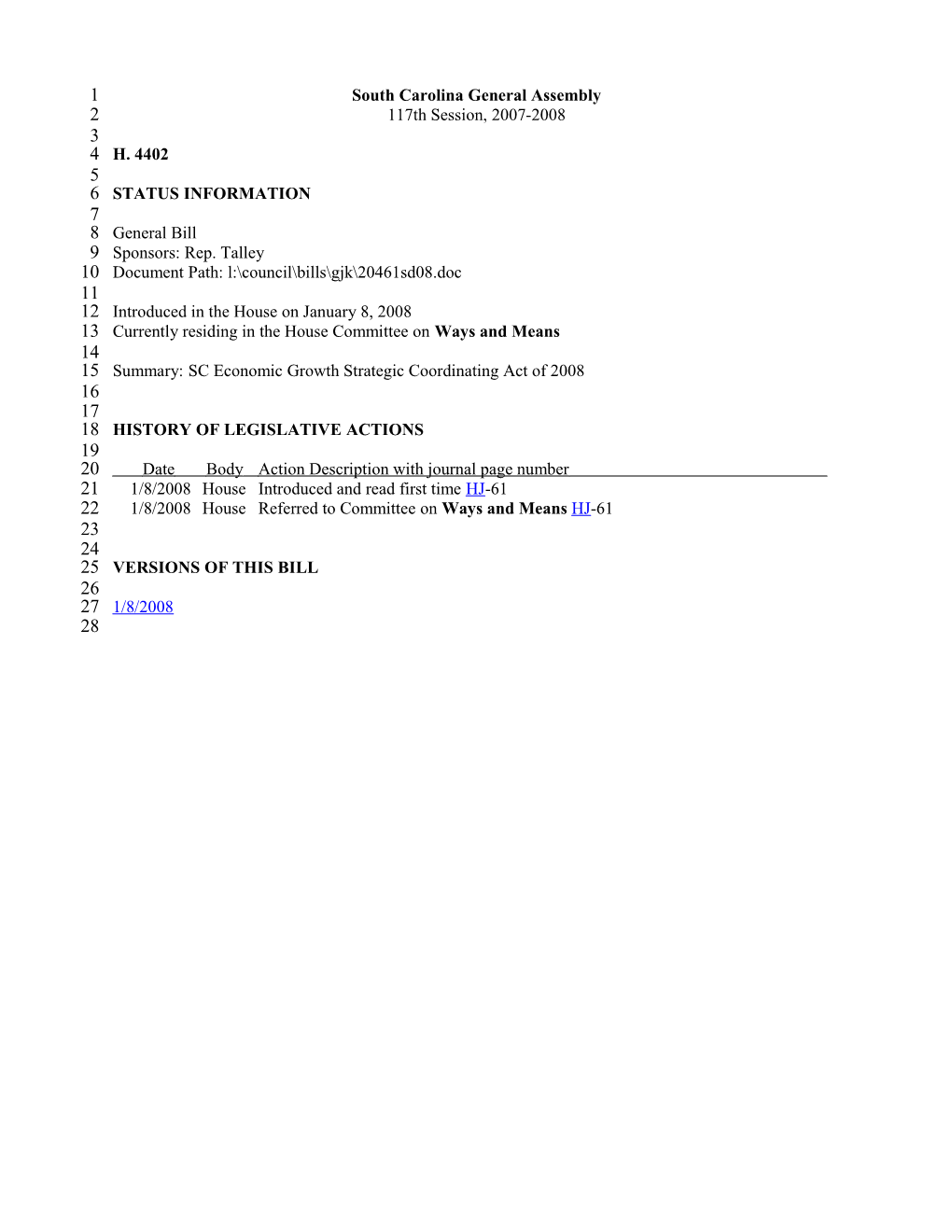 2007-2008 Bill 4402: SC Economic Growth Strategic Coordinating Act of 2008 - South Carolina