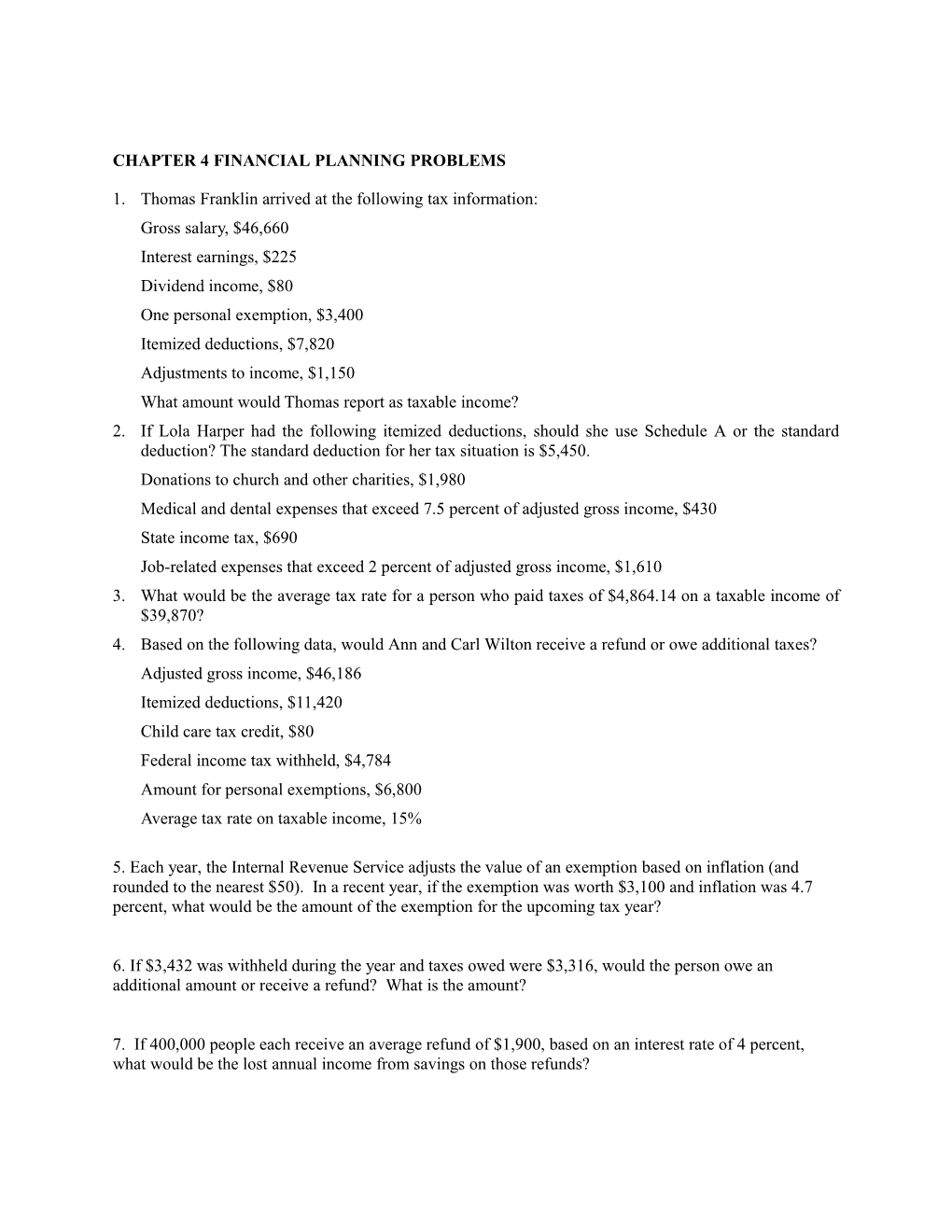 Chapter 4 Financial Planning Problems