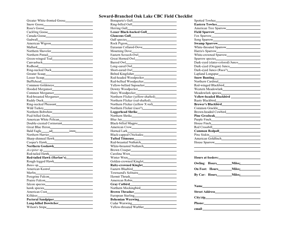 Seward-Branched Oak Lake CBC Field Checklist