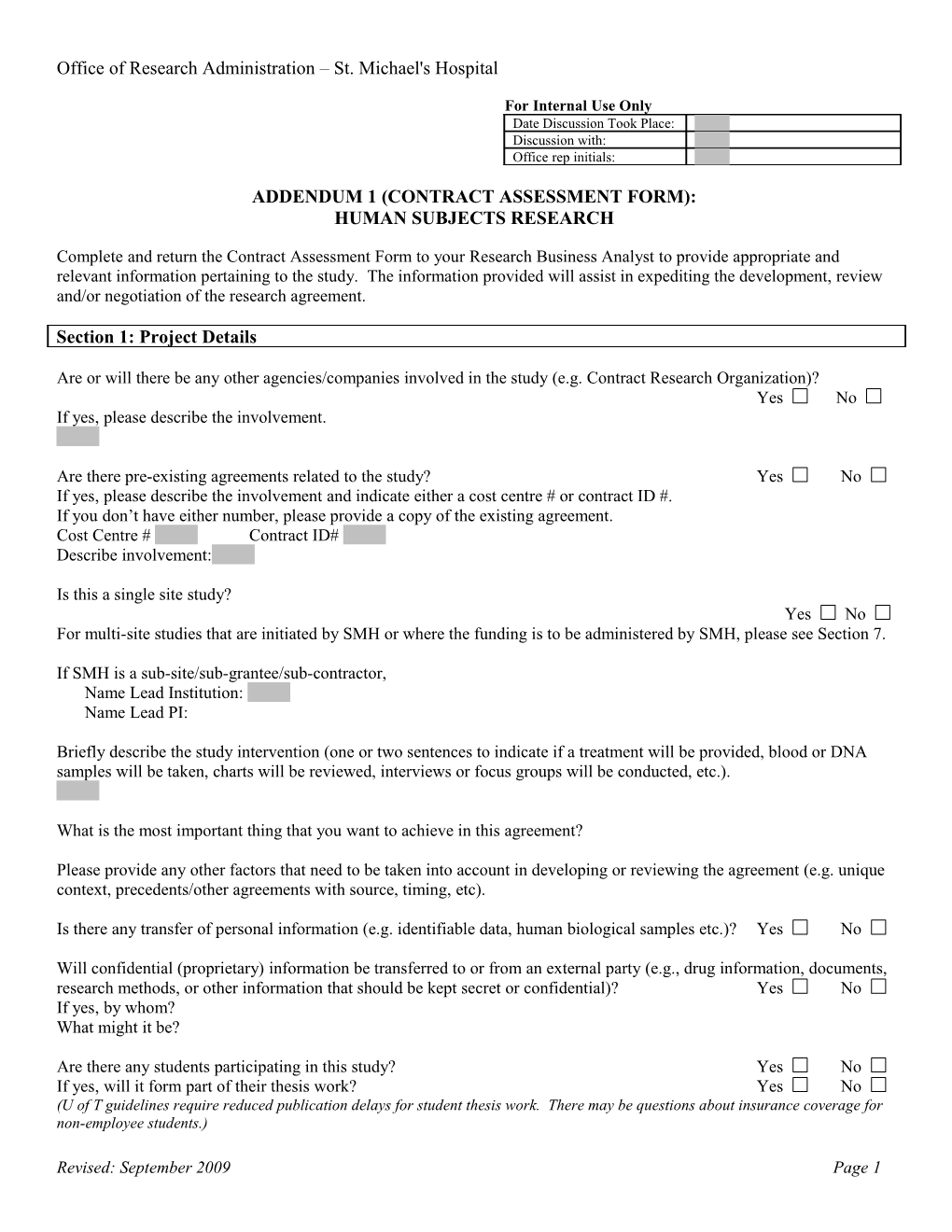 Addendum 1 (Contract Assessment Form): Human Subjects Research