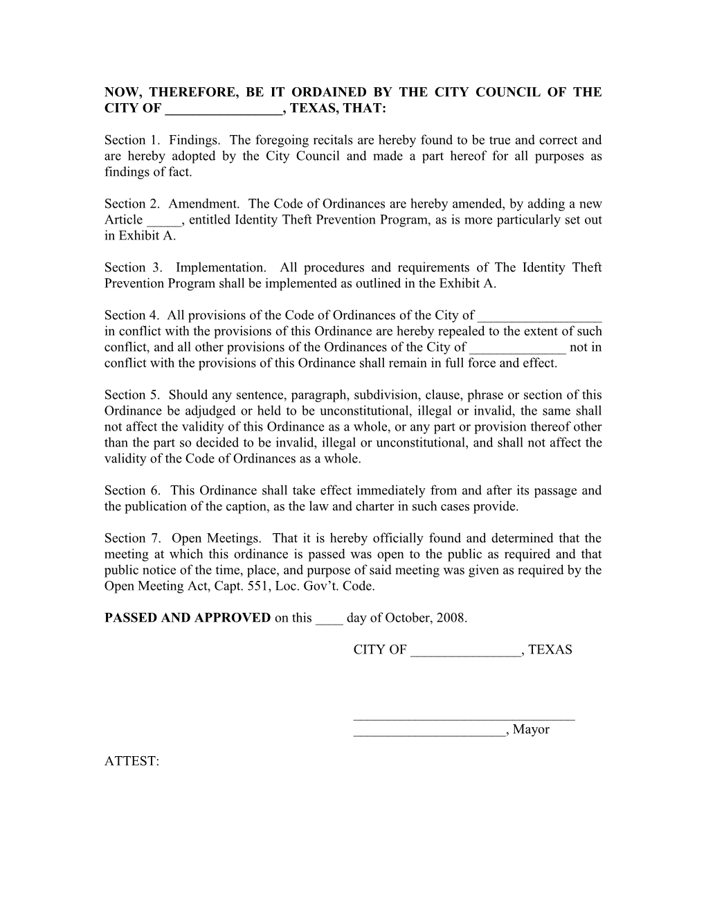 An Ordinance by the City of ______, Texas, Providing a New Article, Article ______Establishing