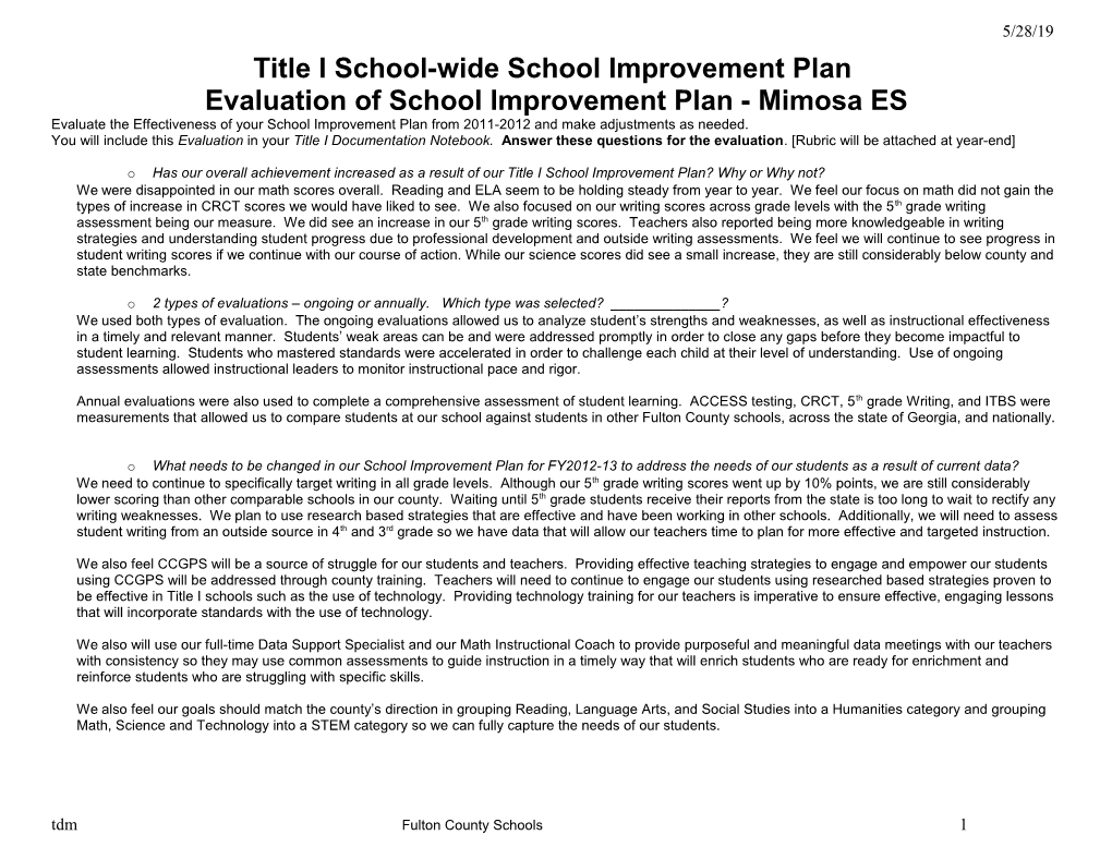 Evaluation of School Improvement Plan - Mimosa ES