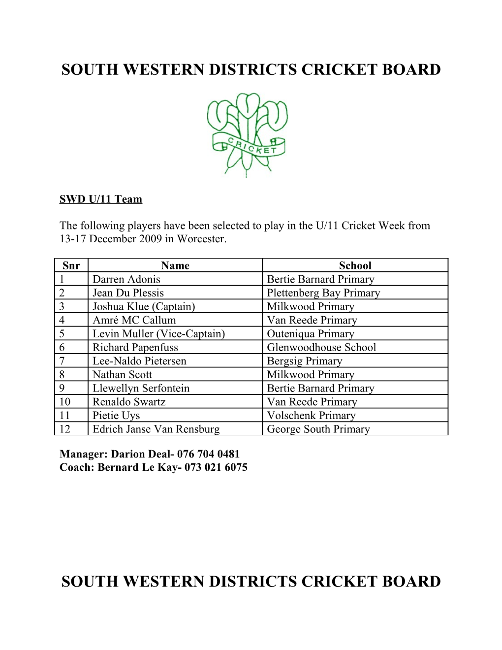 South Western Districts Cricket Board