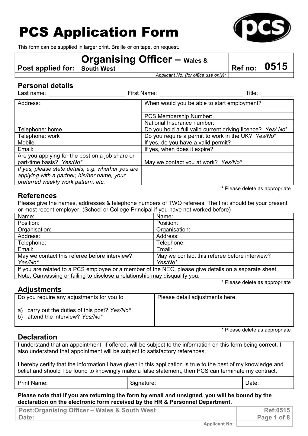 PCS Application Form