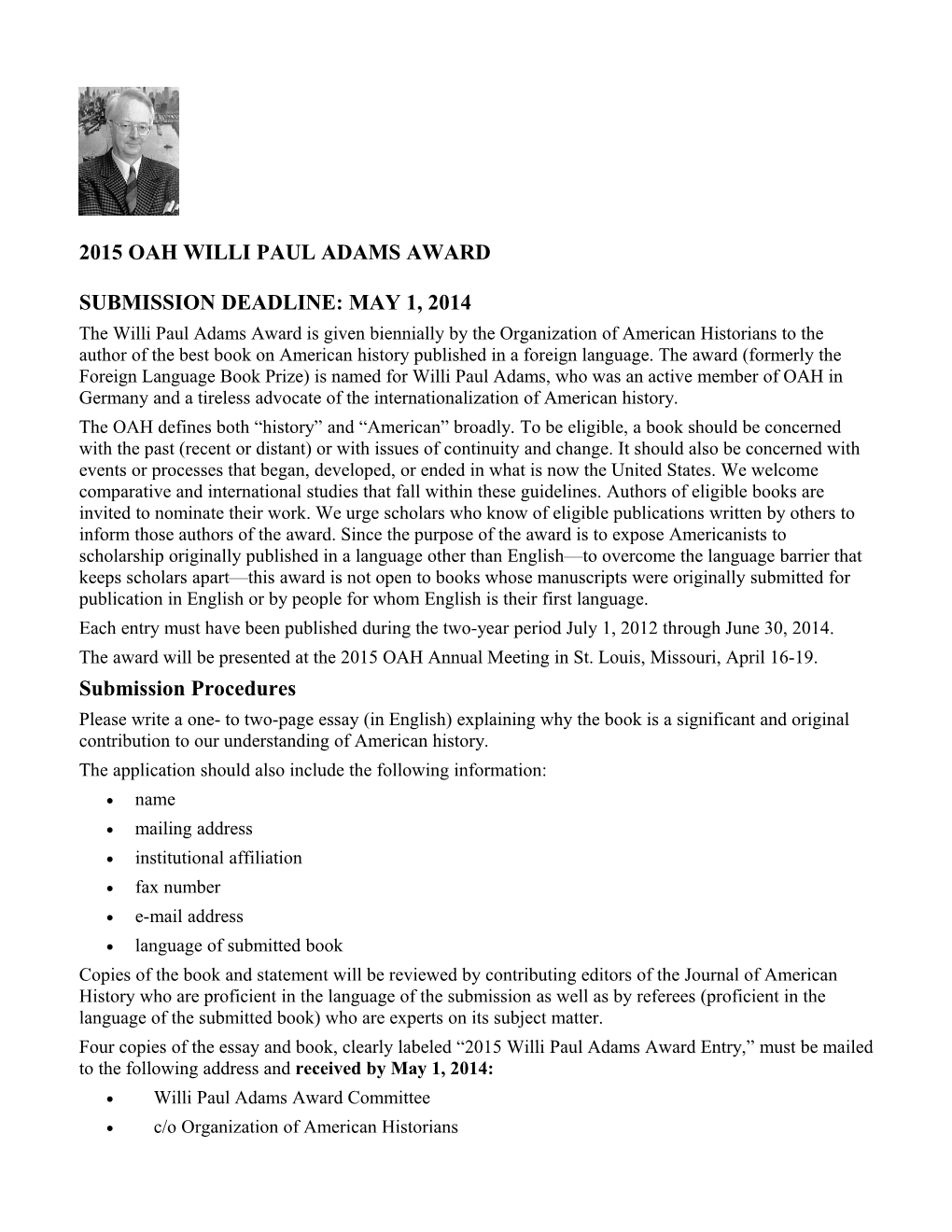 2015 Oah Willi Paul Adams Award Submission Deadline: May 1, 2014