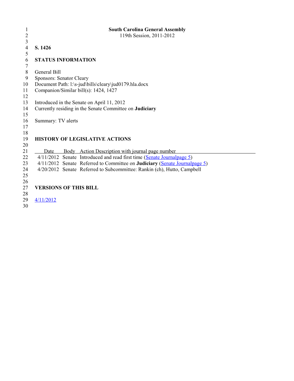 2011-2012 Bill 1426: TV Alerts - South Carolina Legislature Online