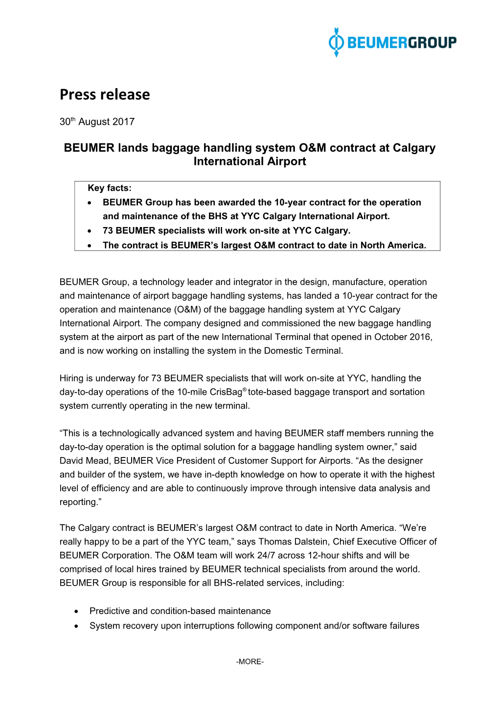 BEUMER Lands Baggage Handling System O&M Contract at Calgary International Airport