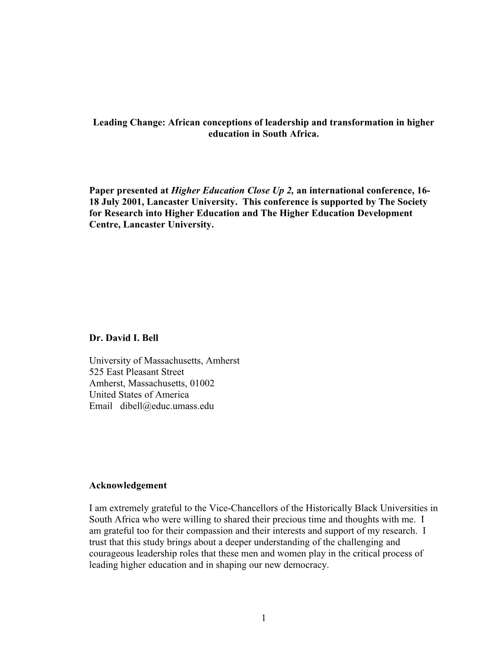 Leading Change: African Conceptions of Leadership and Transformation in Higher Education