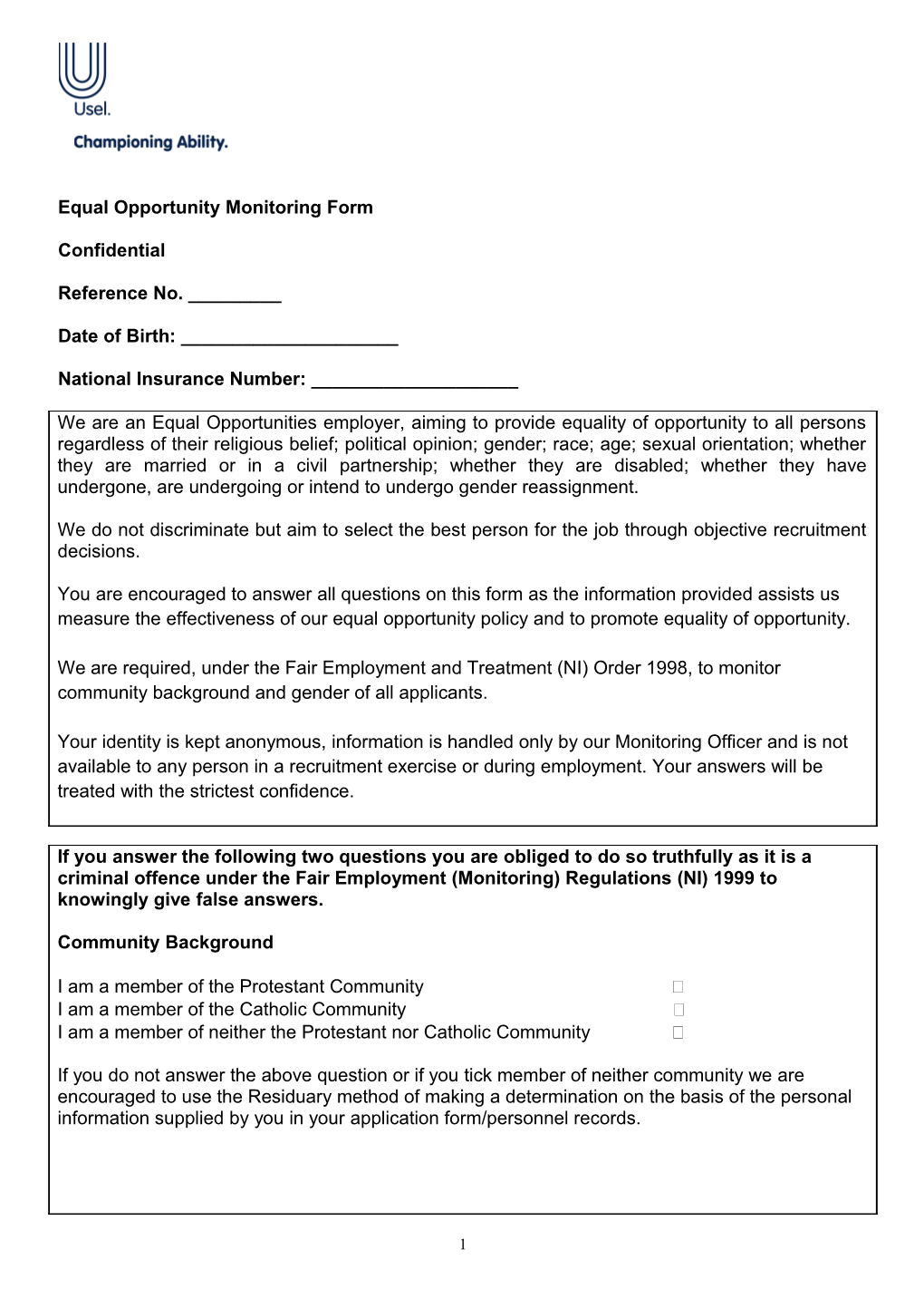 Equal Opportunity Monitoring Form