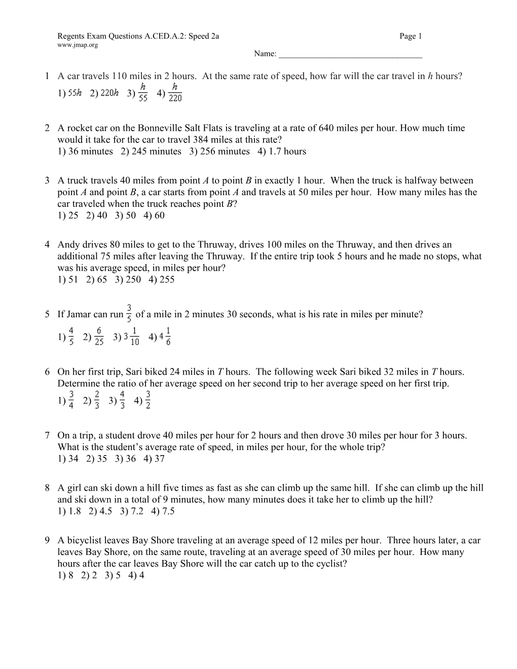 Regents Exam Questions A.CED.A.2: Speed 2Apage 1