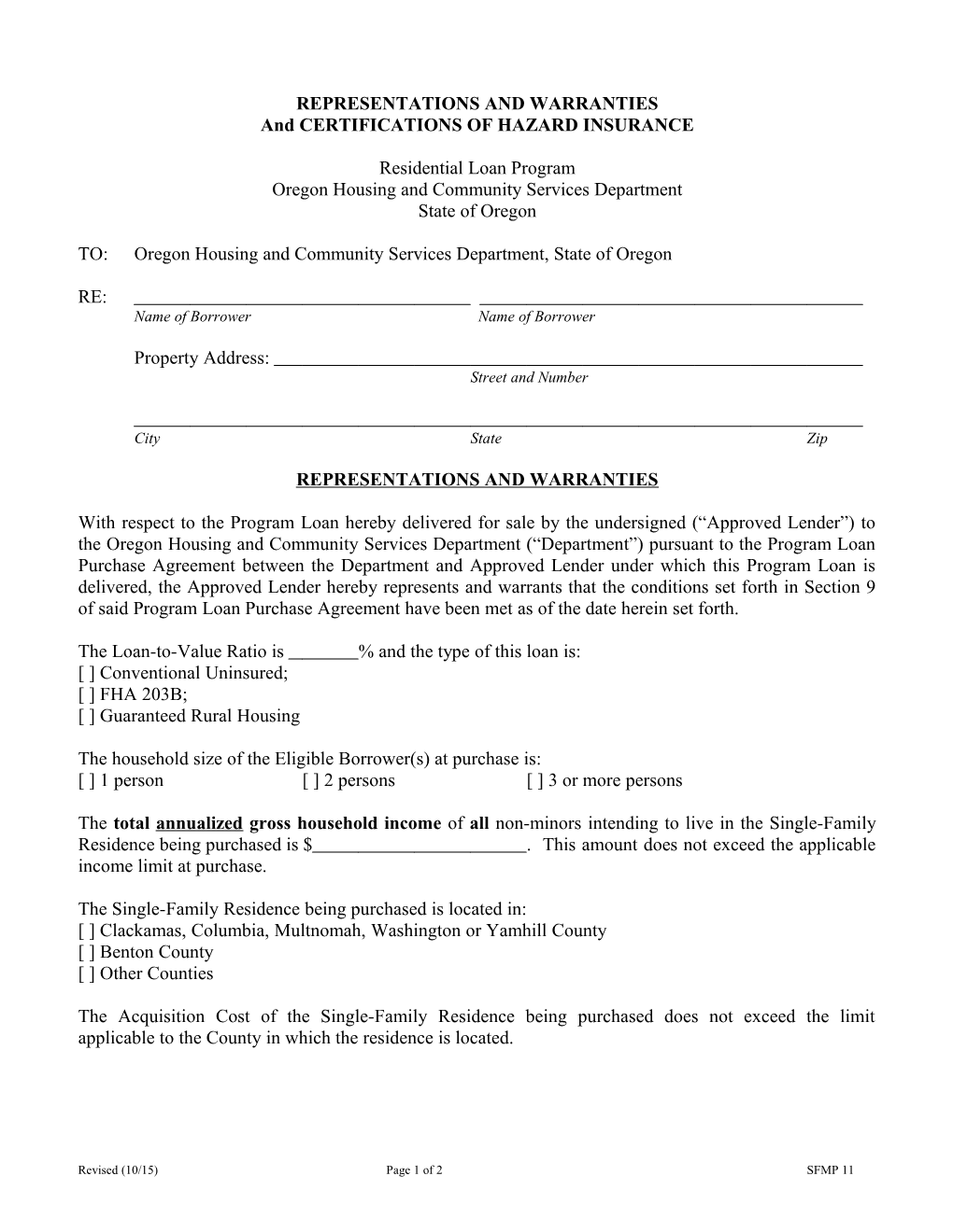 Oregon Bond Program Lender Form: Representations, Warranties and Certification of Hazard