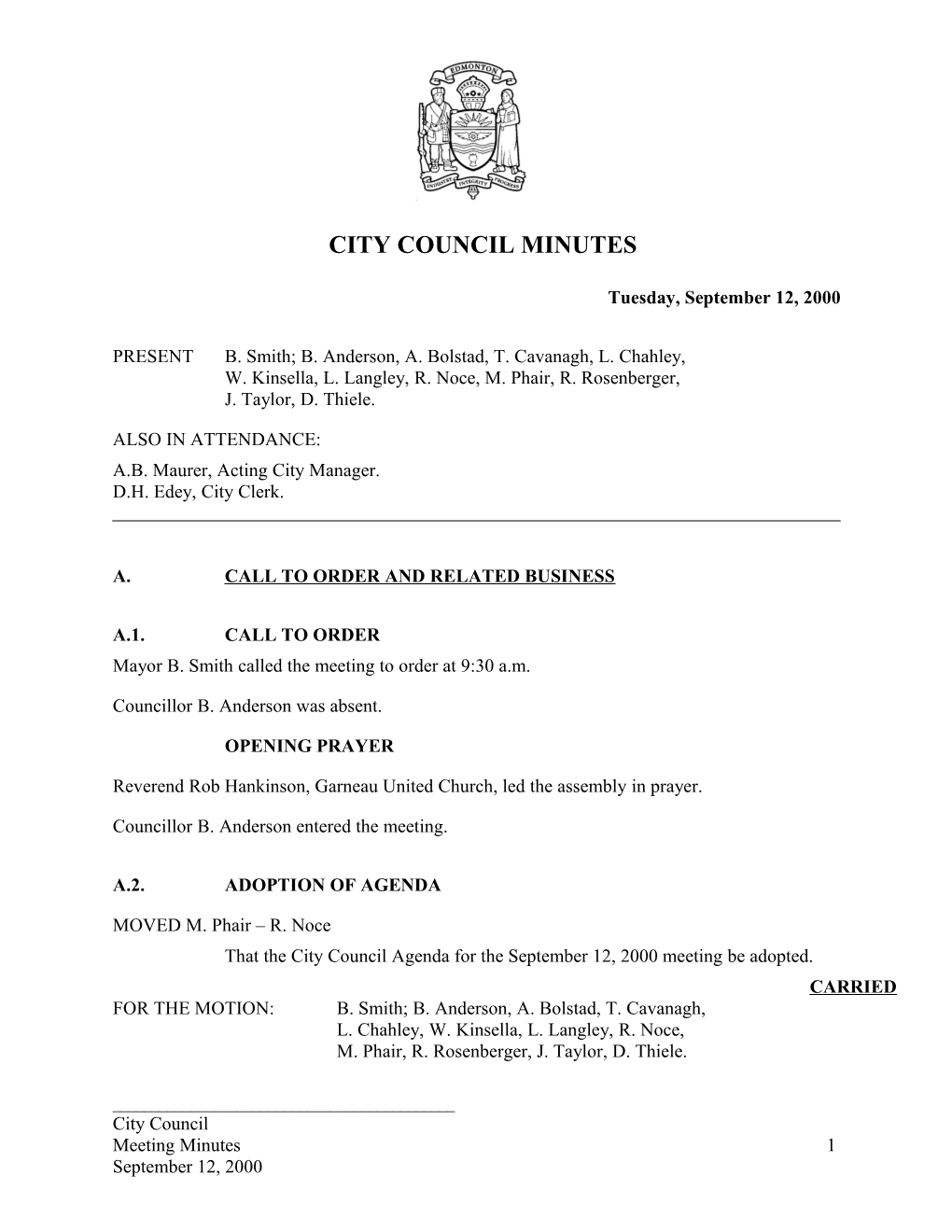 Minutes for City Council September 12, 2000 Meeting