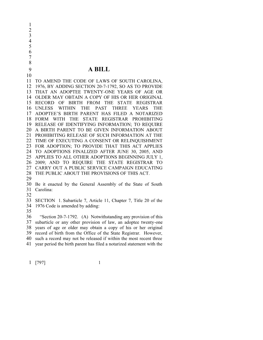 2005-2006 Bill 797: Adoption Birth Records - South Carolina Legislature Online