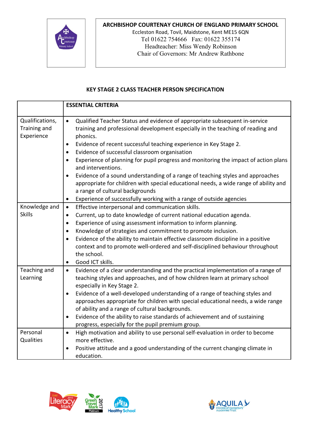 Key Stage 2 Class Teacher Person Specification