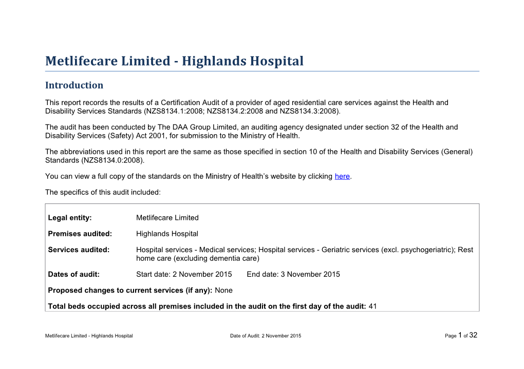 Metlifecare Limited - Highlands Hospital
