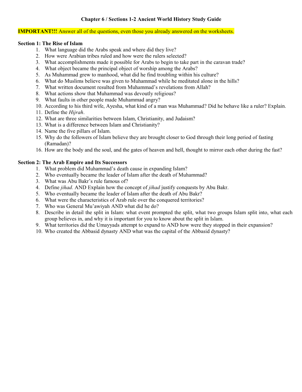 Chapter 6 / Sections 1-2 Ancient World History Study Guide