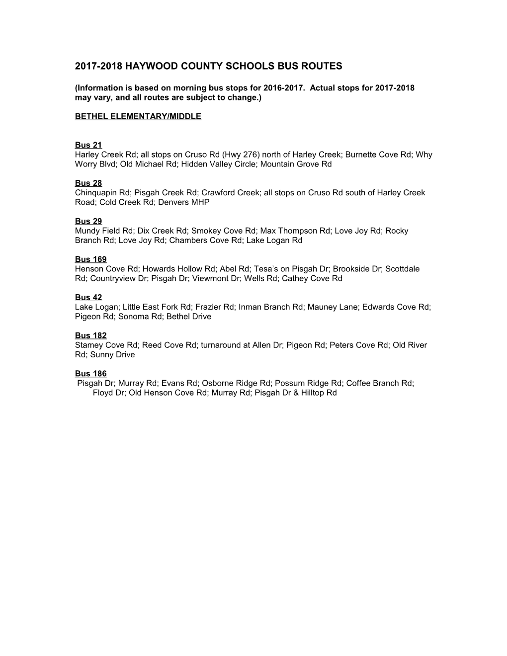 2002-2002 Haywood County Schools Bus Route Information