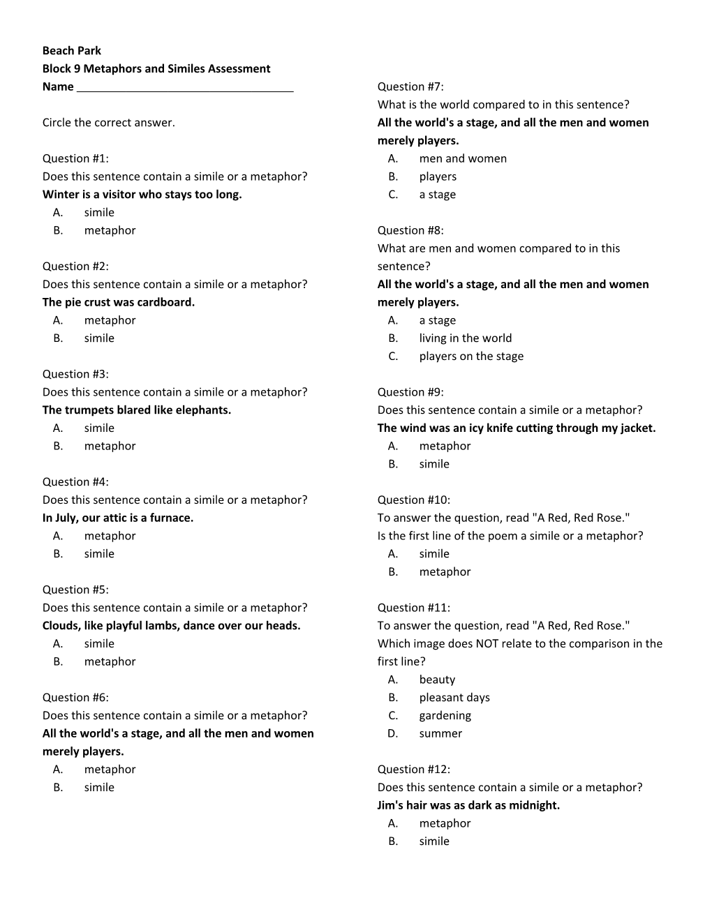 Block 9 Metaphors and Similes Assessment