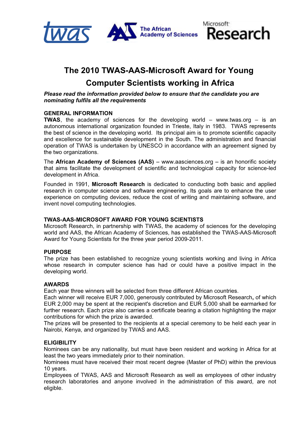 The 2010 TWAS-AAS-Microsoft Award for Young