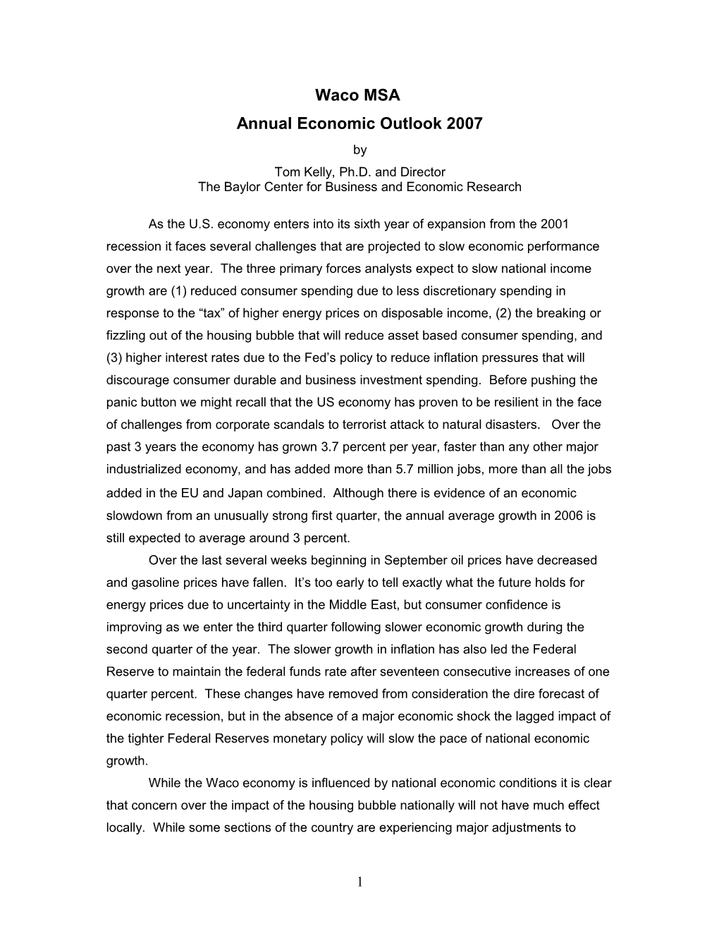 Waco MSA Economic Forecast for 2007