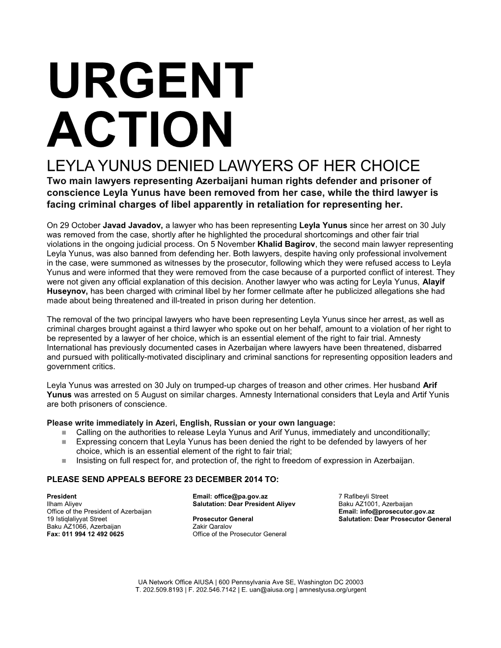 Leyla Yunus Denied LAWYERS of HER CHOICE