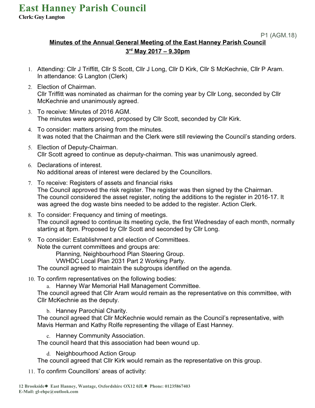 Minutes of the Annual General Meeting of the East Hanney Parish Council