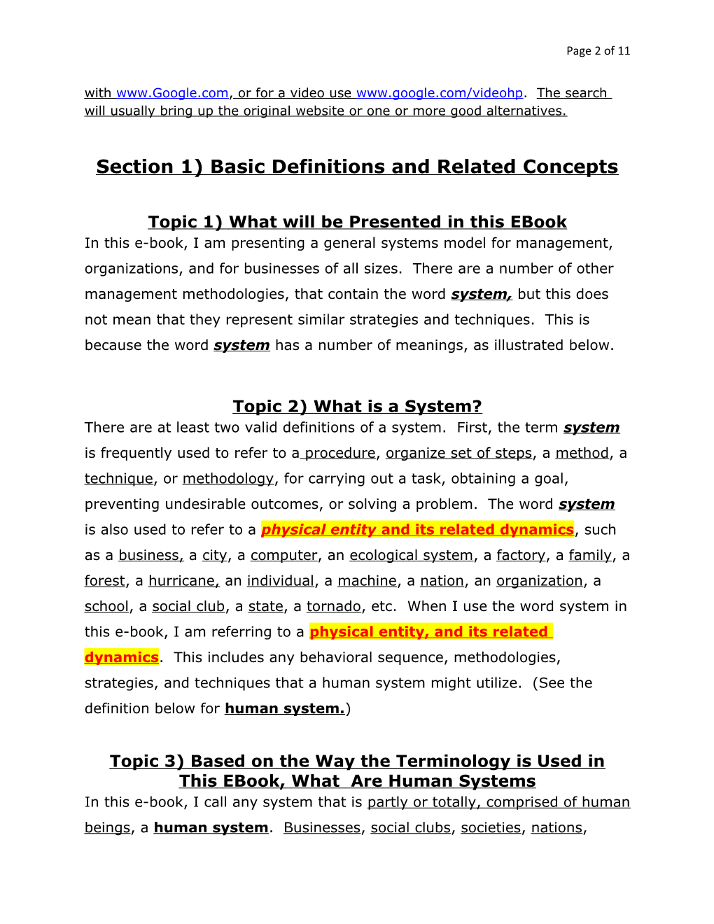 Concepts of Management for Business, and Other Human Systems, Chapter 1) Basic Definitions