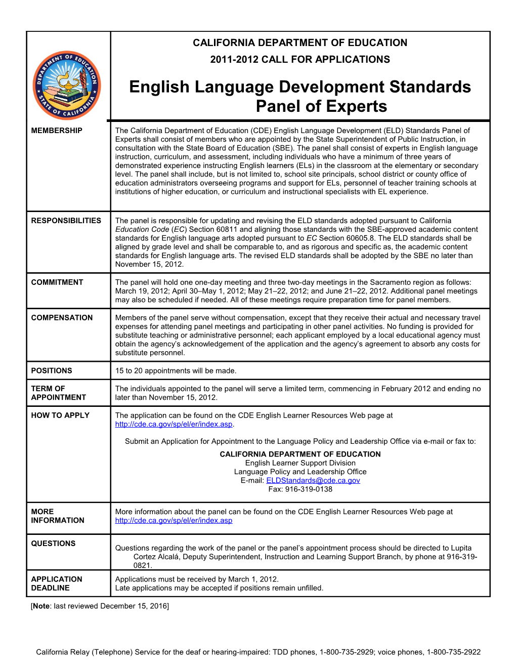 2011-12 Call for Applications - Letters (CA Dept of Education)