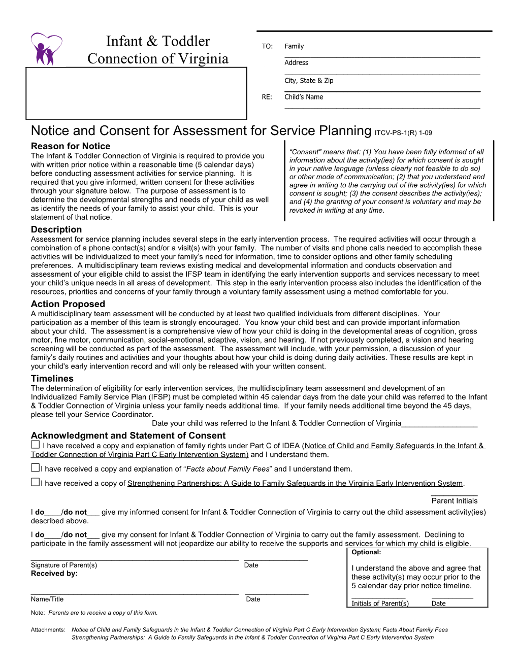 Notice and Consent for Assessment for Service Planningitcv-PS-1(R) 1-09