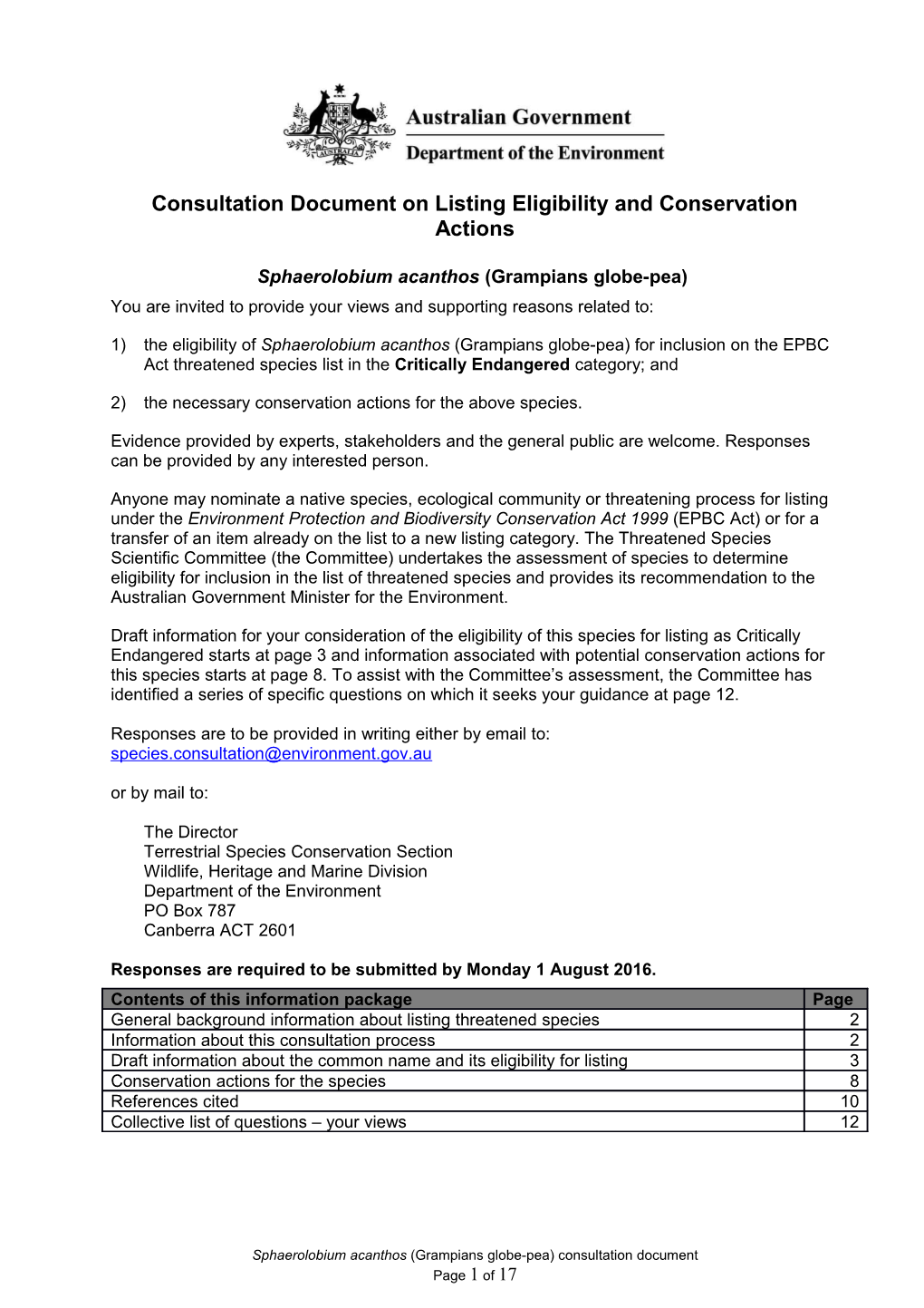 Consultation Document on Listing Eligibility and Conservation Actions Sphaerolobium Acanthos