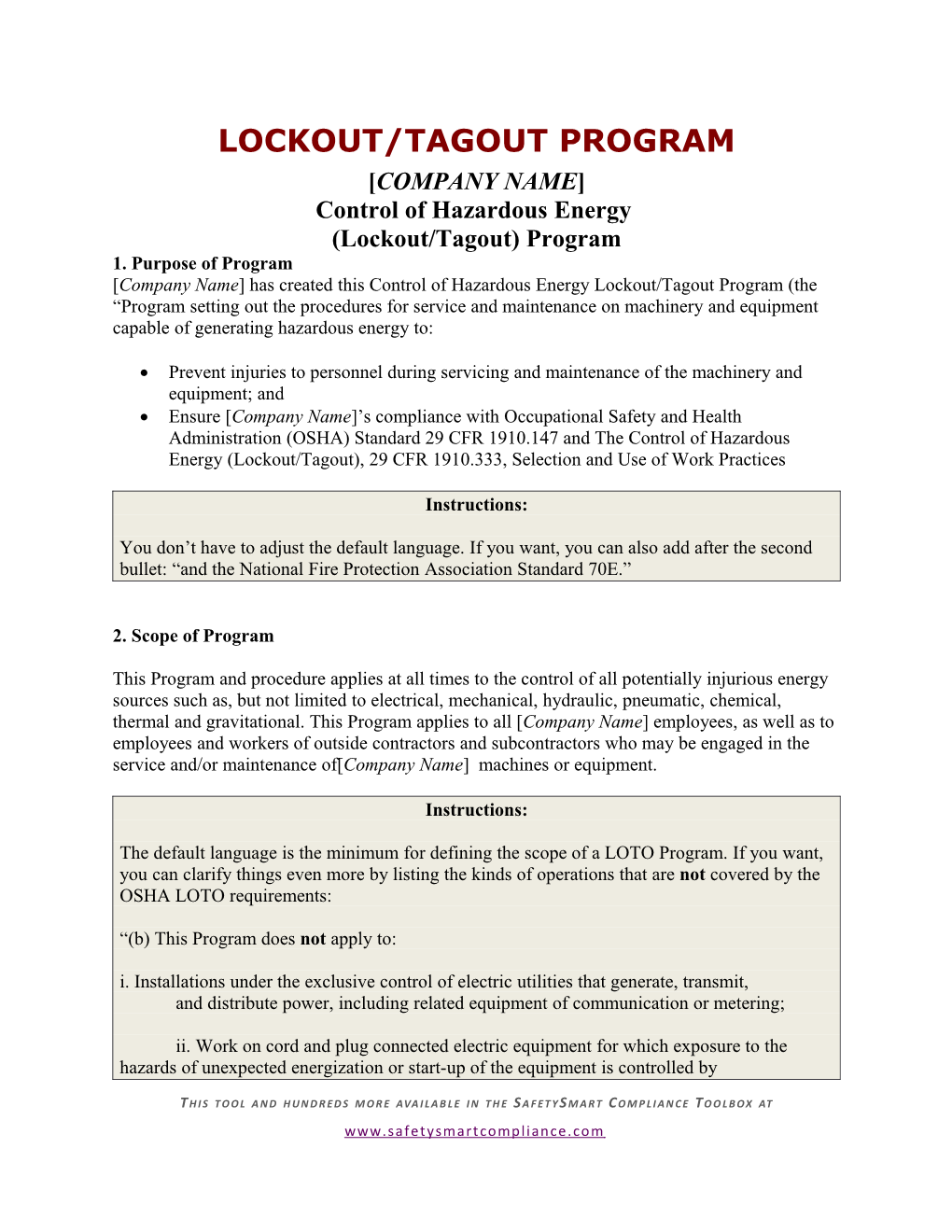 Model Lockout/Tagout Program