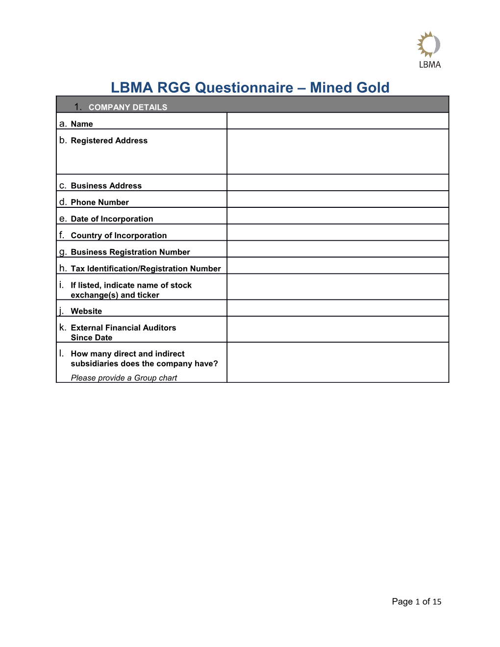 LBMA RGG Questionnaire Mined Gold